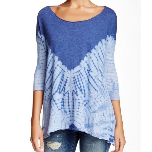FREE PEOPLE Sz XS LA LIVIN COASTAL 3/4 SLEEVE JERSEY TEE TYE DYE INDIGO Batwing - Picture 1 of 11